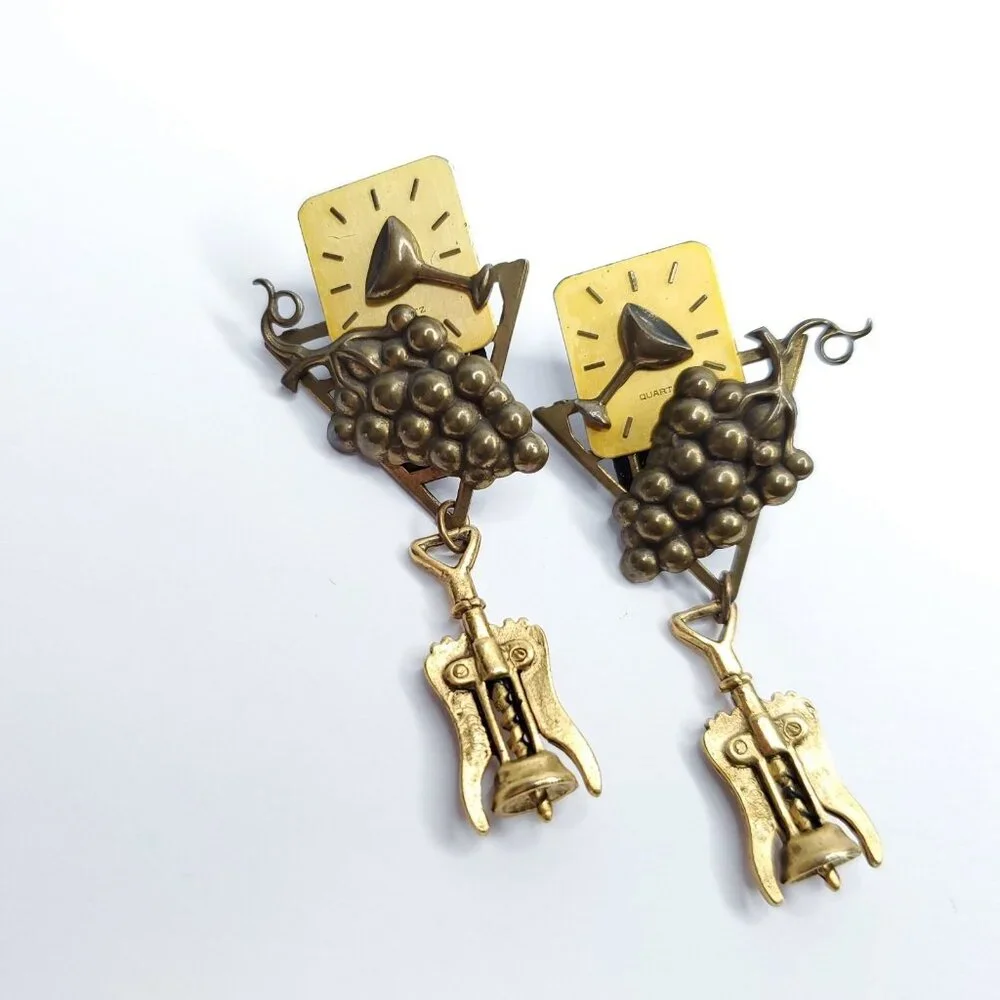 Wine Lovers Earrings Dangle Glasses Grapes Cork Remover Bottle Opener 2 1/2